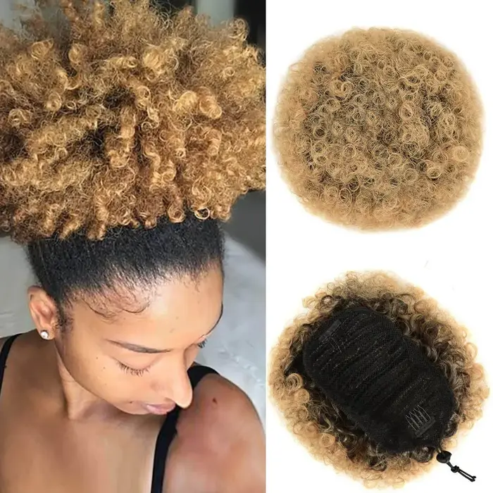 Queue de cheval synthétique Afro Puff à cordon de serrage, extension de cheveux bouclés crépus noir-