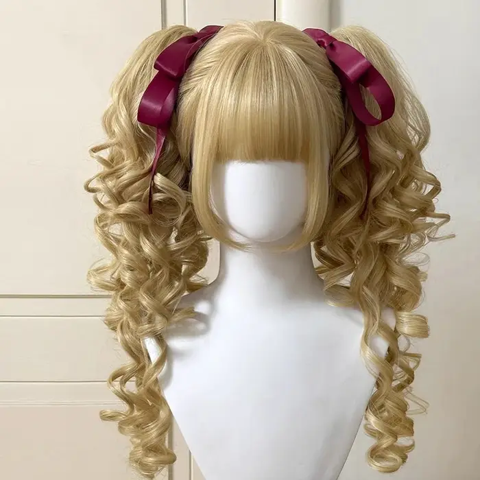 Perruque Lolita synthétique coupe princesse Double queue de cheval avec frange fille Ombre Blonde ma