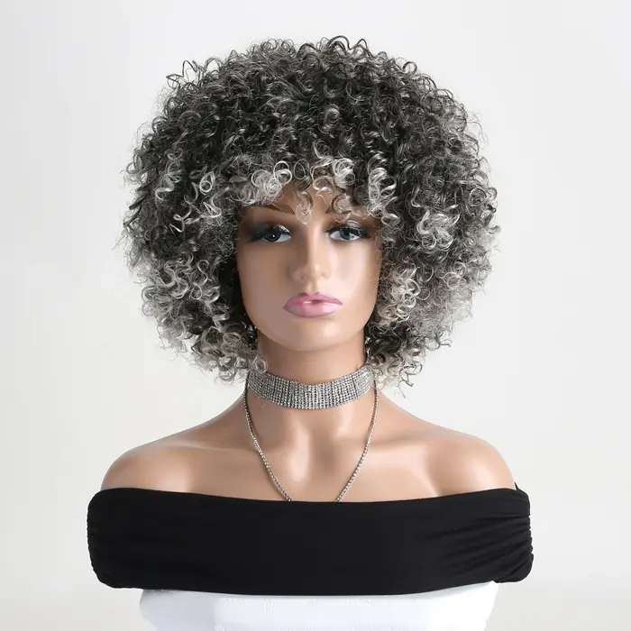 Perruque synthétique bouclée grise de 12 pouces pour femmes