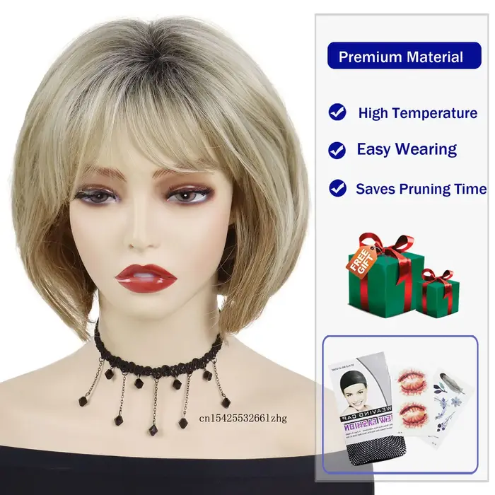 GNIMEGIL synthétique naturel faux cheveux court Bob maman perruques pour femmes couleur Blonde décontracté perruque