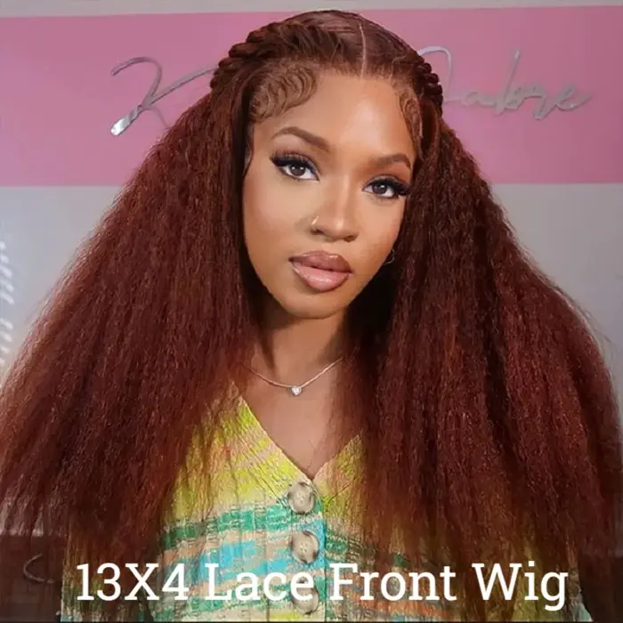 13X4 brun rougeâtre crépus droite dentelle frontale perruque cheveux humains Auburn cuivre Yaki droi
