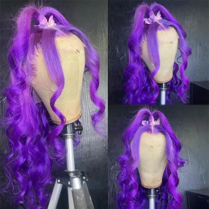 Perruque violette longue bouclée naturelle ondulée pour femmes