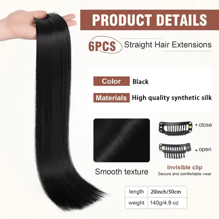 6 extensions de cheveux lisses à clipser pour femmes - Postiche synthétique résistant à la chaleur avec effet naturel