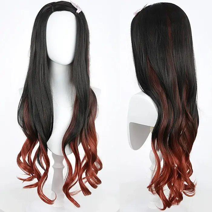 Perruque de cosplay Nezuko anime à cheveux longs bouclés
