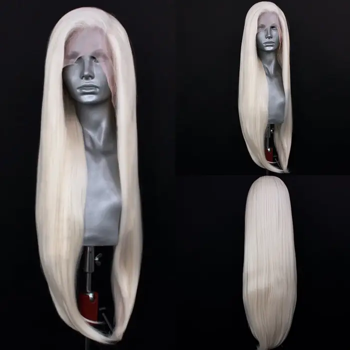 Perruque Lace Front Wig synthétique ondulée naturelle Blonde platine, cheveux synthétiques longs ond