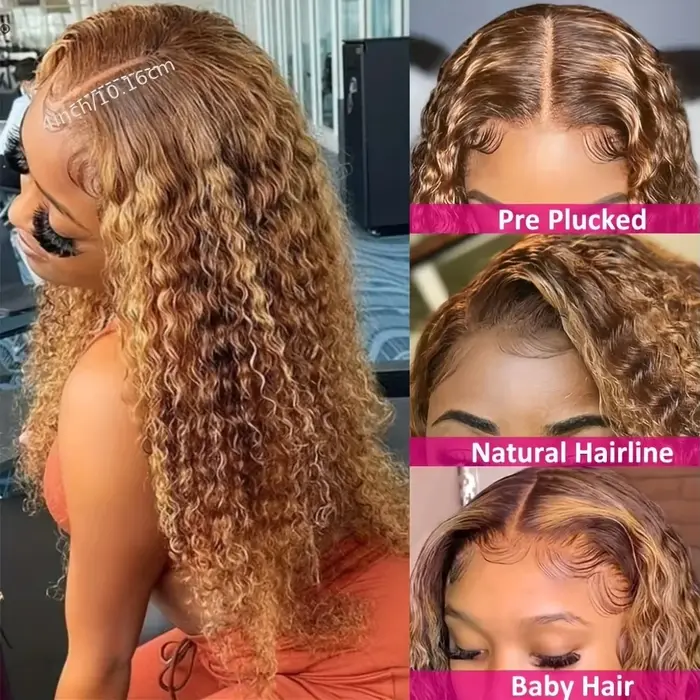 Perruque Lace Frontal Wig naturelle bouclée, cheveux humains, à reflets, 13x6, 13x4, 13x4, Lace Fron