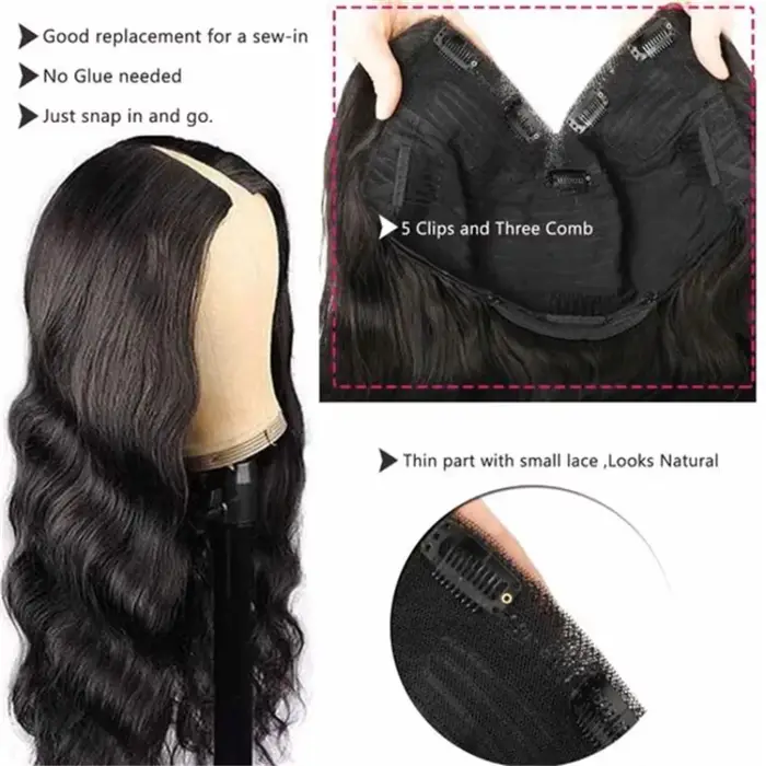 Perruques V-Part sans couture, ondulées, densité 200 %, cheveux brésiliens améliorés, 32 pouces, che
