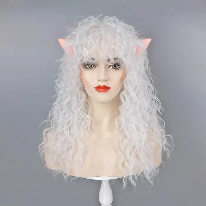 Perruque bouclée blanche et oreilles d'elfe pour femmes, Costume longue bouclée avec frange, Cosplay