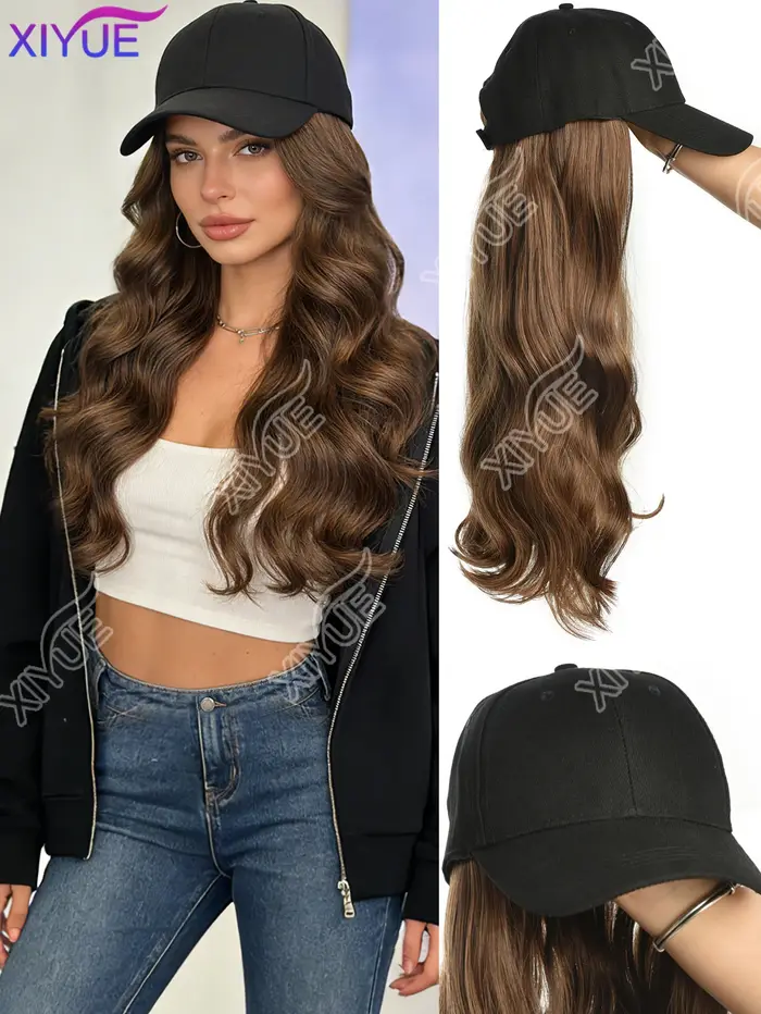 Perruque synthétique longue ondulée bouclée avec casquette de baseball, extensions de cheveux, chape