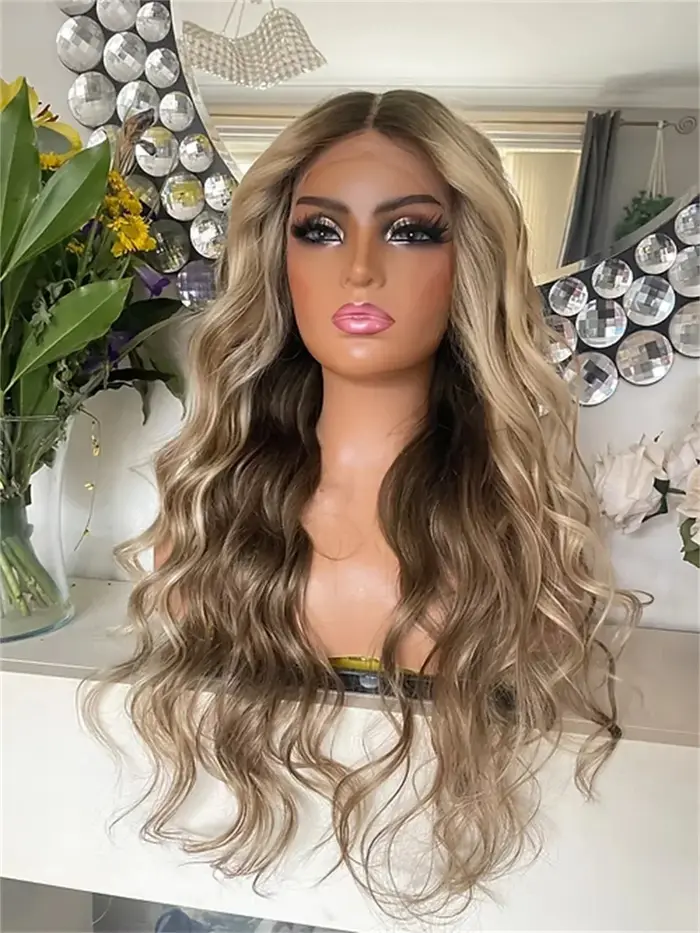 Perruque Lace Front Synthétique Ondulée Longue de 24 Pouces, Ombrée Blonde, Sans Colle, Pré-Pluckée