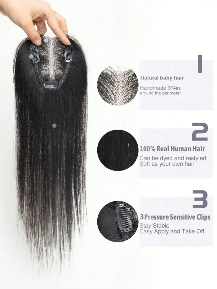 Cheveux humains Toppers 3x4 "Base tissée à la main 100% postiches réelles avec clips invisibles pour recler une