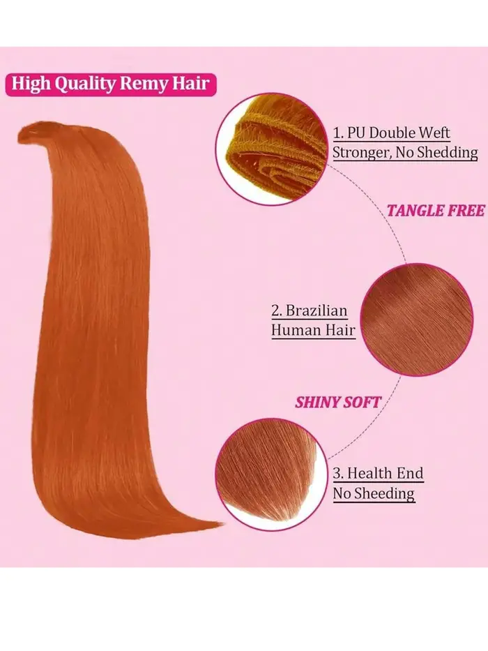 Extensions de cheveux humains vierges couleur gingembre, douces et soyeuses, pleine densité, clips stables, pose rapide, cheveux naturels pour femme