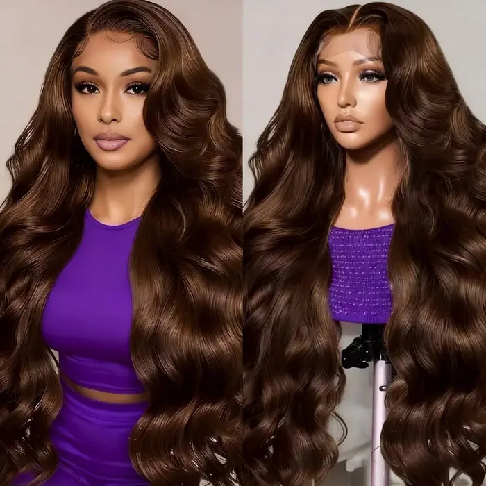 Perruques en cheveux humains ondulés chocolat, densité 200, pour femmes noires # 4 Perruques frontal