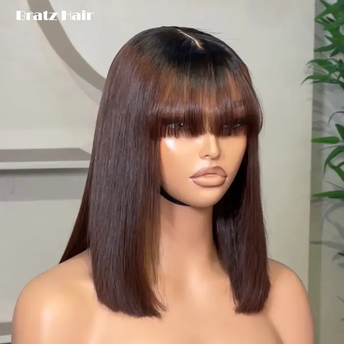 Perruque Bob 2x6 vietnamienne ultra-lisse Super Double Drawn avec frange, pré-coupée, sans colle, pr