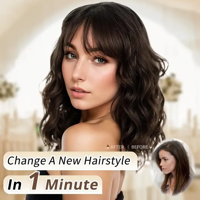 Perruque synthétique bouclée ondulée brune naturelle avec frange pour femmes