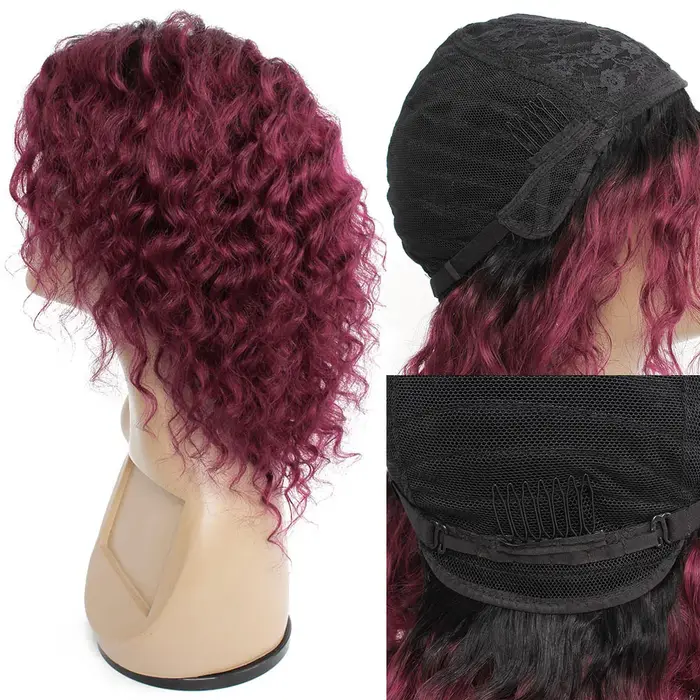 Perruque de cheveux humains bouclés courts bordeaux pour femme, Ombre Honey Blonde, Perruques entièr