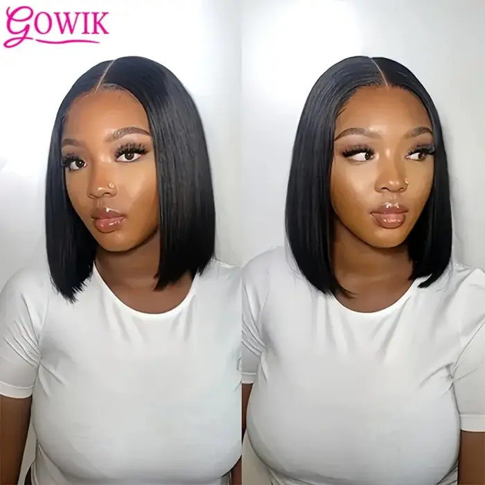 Perruque Bob Lace Front Wig naturelle sans colle, cheveux courts et lisses, couleur naturelle, 5x5, 