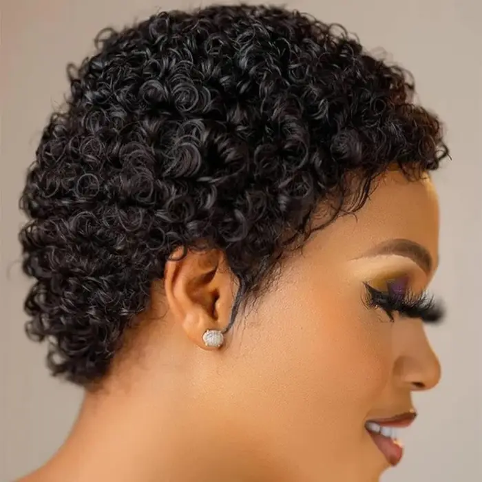 Perruques courtes crépues bouclées cheveux humains coupe lutin