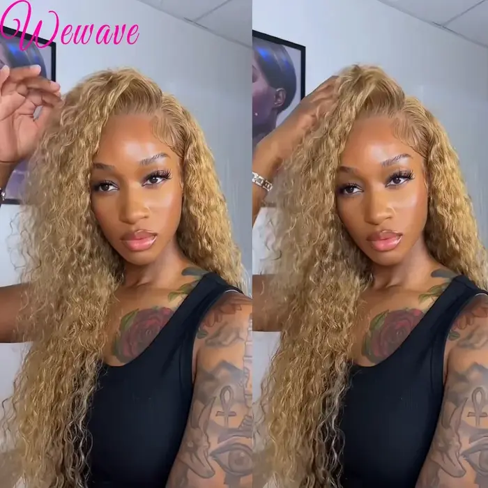 # 27 perruque avant en dentelle blond miel 30 pouces perruque frontale vague profonde perruque de ch
