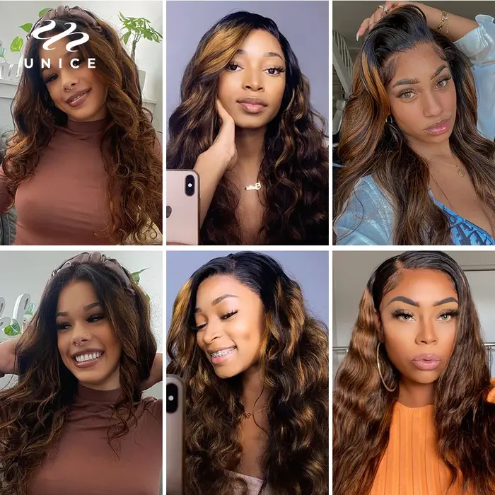 UNICE Hair-Mèches naturelles Body Wave, cheveux bruns, balayage, avec closure, partie libre, lace cl