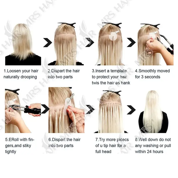 Extensions de cheveux humains à pointe plate en kératine personnalisées