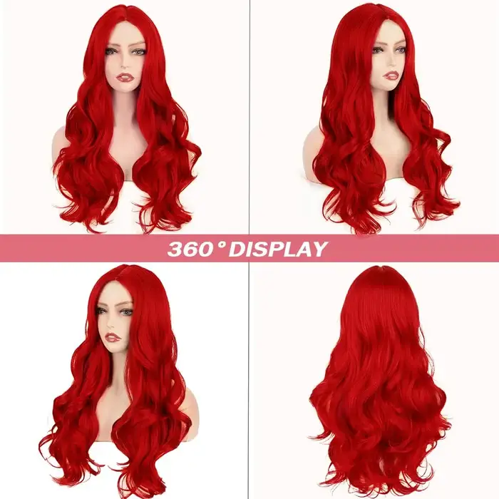 Perruque synthétique rouge à grandes boucles pour cosplay d'Halloween. Convient pour un usage quotidien. Livré avec un bonnet chauffant pour cheveux.