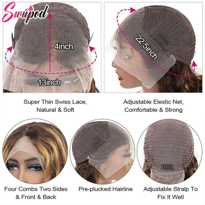 Perruque Full Lace Wig sans colle naturelle Remy, cheveux bouclés, balayage piano ombré, 13x6 HD, 13