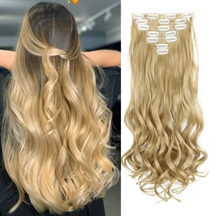 Extensions capillaires synthétiques à clips, 7 pièces, tête complète de 22 pouces, longues, bouclées
