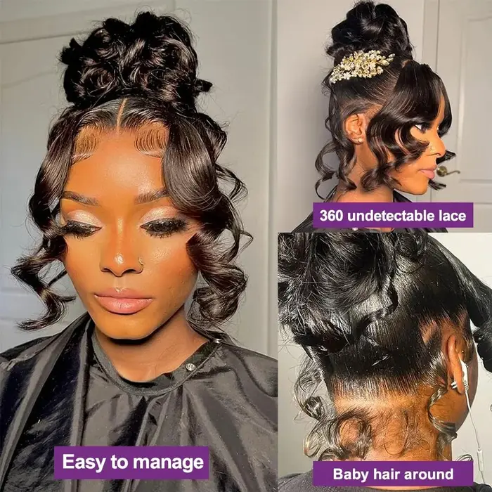 Perruque Lace Front Wig Body Wave 360 HD, cheveux naturels, pre-plucked, 12A, sans colle, vierge bré