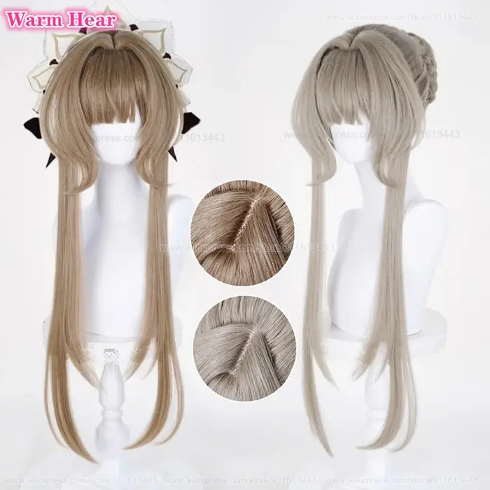 Nouveau! Jeu Sandrone longue 75 cm marron chaud avec chignon Cosplay Anime perruque Marionnette résistant à la chaleur cheveux synthétiques Halloween fête perruques