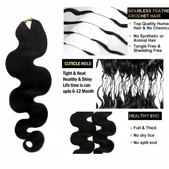 Extensions de cheveux humains en crochet Body Wave pré-séparées, sans nœuds, avec fil invisible, noi