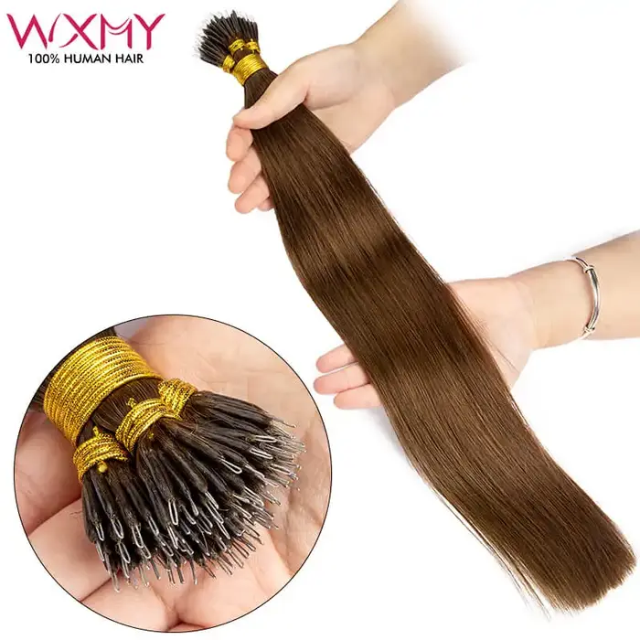 Extensions de cheveux naturels à micro-anneaux Nano lisses, 50 pièces/ensemble, brun clair, 50g 100g
