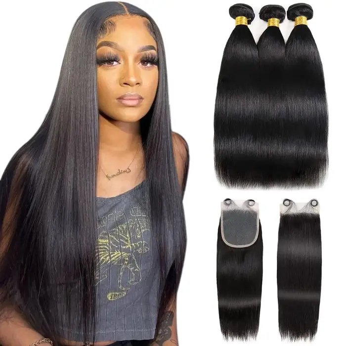 Mèches Brésiliennes Naturelles Lisses avec Closure