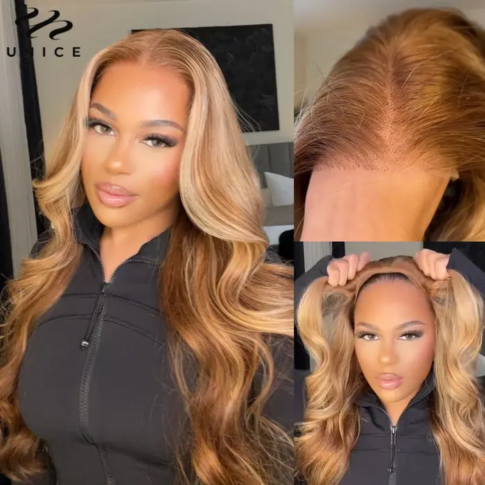 UNice brun avec reflets blonds vague de corps perruque de cheveux humains 7x5 & 13x4 dentelle pré-co
