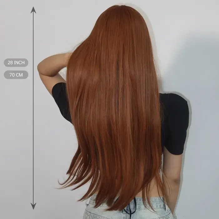 Perruque synthétique longue et lisse marron gingembre en cuivre pour femmes, perruque avec raie cent