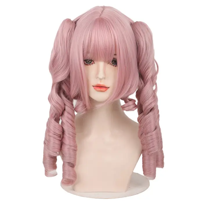 Perruque double queue de cheval bouclée style Lolita Kawaii rose