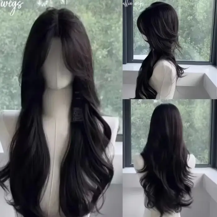 Perruque noire longue ondulée cheveux naturels perruques synthétiques pour femmes 24 pouces haute qualité résistance à