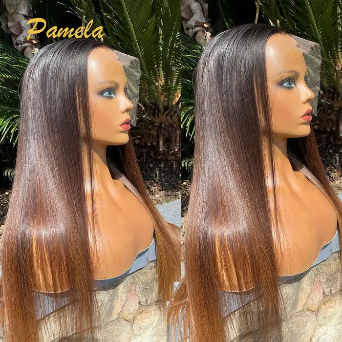 Perruque Lace Frontal Wig naturelle sans colle, cheveux lisses, ombré 1b/4 colorés, prêts à porter, 