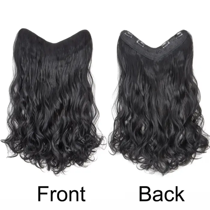 Extension Capillaire Synthétique Longue Ondulée Bouclée en Forme de V, Postiche Blonde Noire, 4 Clip