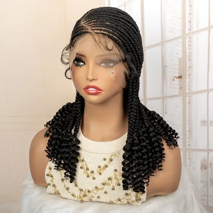 Perruque tressée pleine dentelle avec extrémités bouclées, tresses synthétiques Cornrow pour femmes 