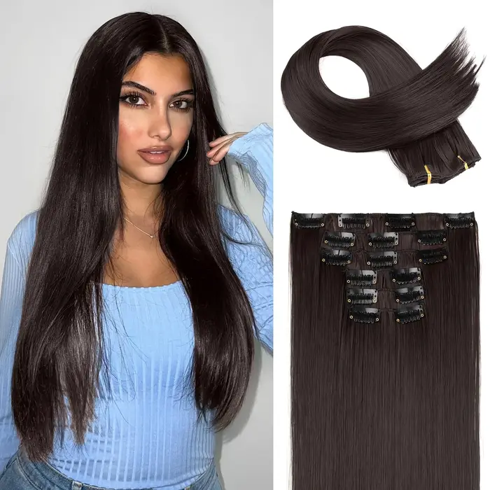 6 extensions de cheveux lisses à clipser pour femmes - Postiche synthétique résistant à la chaleur avec effet naturel