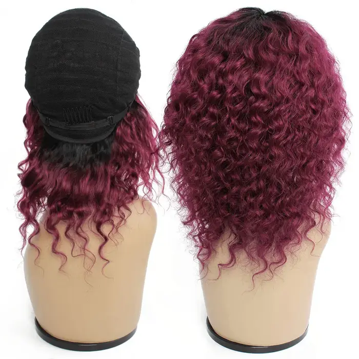 Perruque de cheveux humains bouclés courts bordeaux pour femme, Ombre Honey Blonde, Perruques entièr