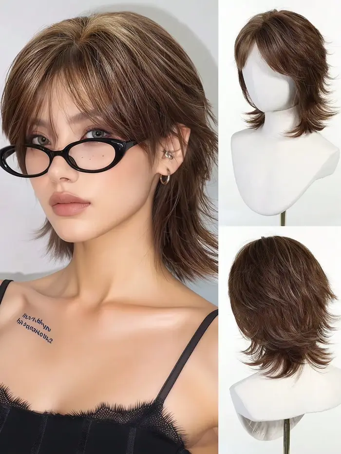 Perruque mulet courte de 12 pouces avec frange, cheveux raides synthétiques, style femme, perruque c