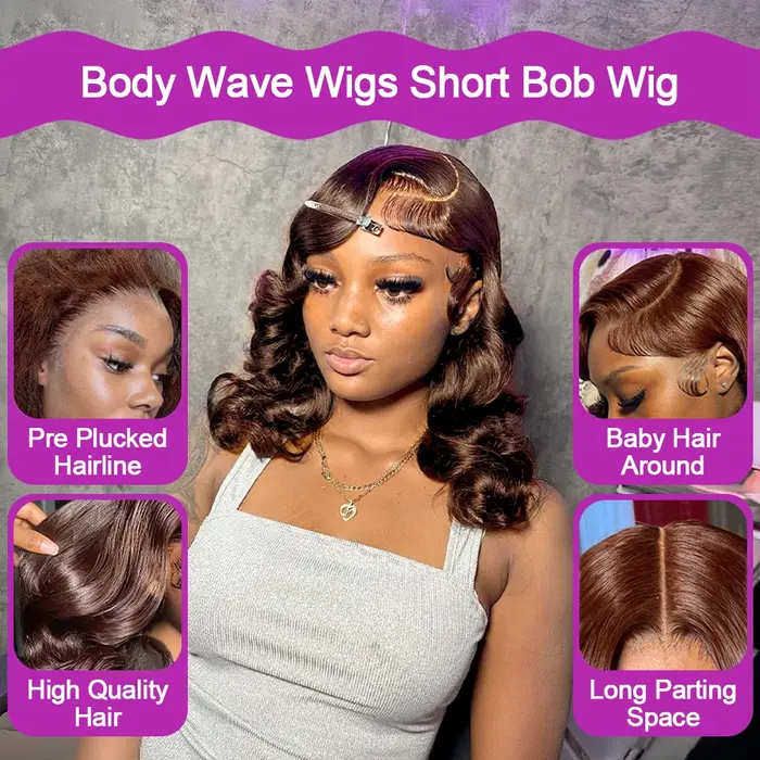 Perruque Bob courte ondulée marron chocolat, cheveux humains sans colle, 13x4 HD, Lace Frontal Wig 1