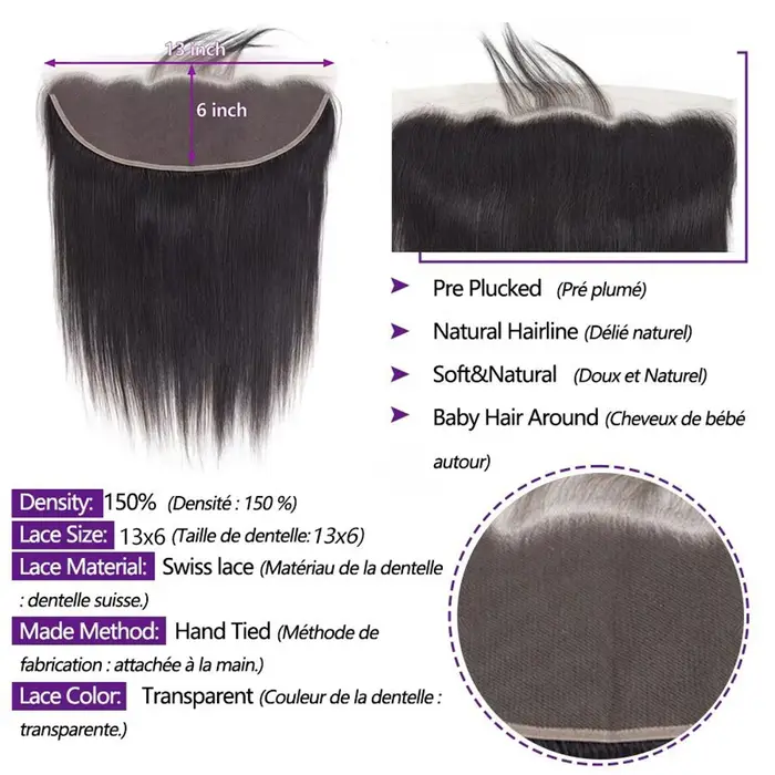 Droite 13X6 dentelle frontale seulement 24 pouces dentelle frontale transparente seulement fermeture