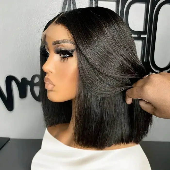 Perruque Bob Courte 220% Densité, 14 Pouces, Cheveux Humains Lisses Baguette, Perruques Lace Front H