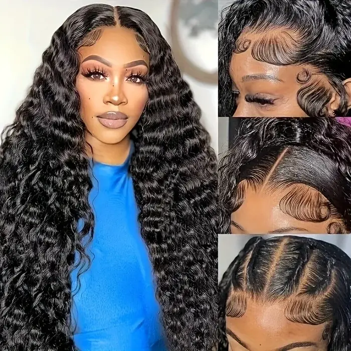 Perruque Lace Frontal Wig brésilienne naturelle, cheveux humains, Deep Wave, Transparent, 40 46 pouc