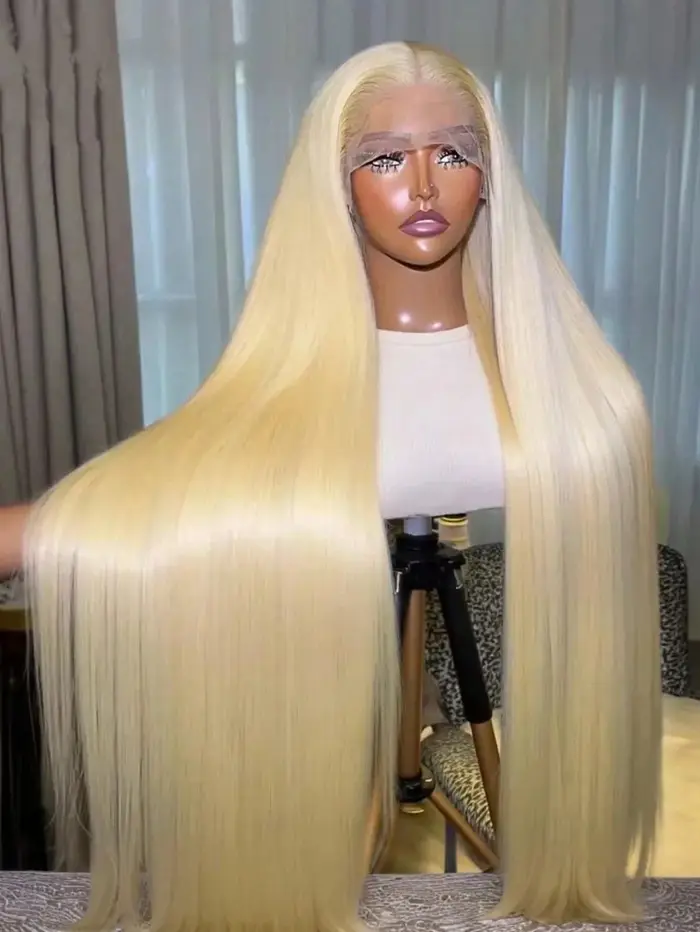 Perruque de cheveux humains lisses, 38 pouces, 613, avec Baby Hair, dentelle Hd 13x4, blond 613, nœu