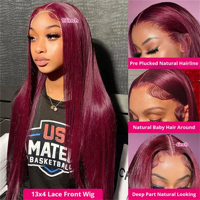 Perruques de cheveux humains lisses bordeaux 99J avec dentelle frontale 13x4 13x6 HD transparente, p
