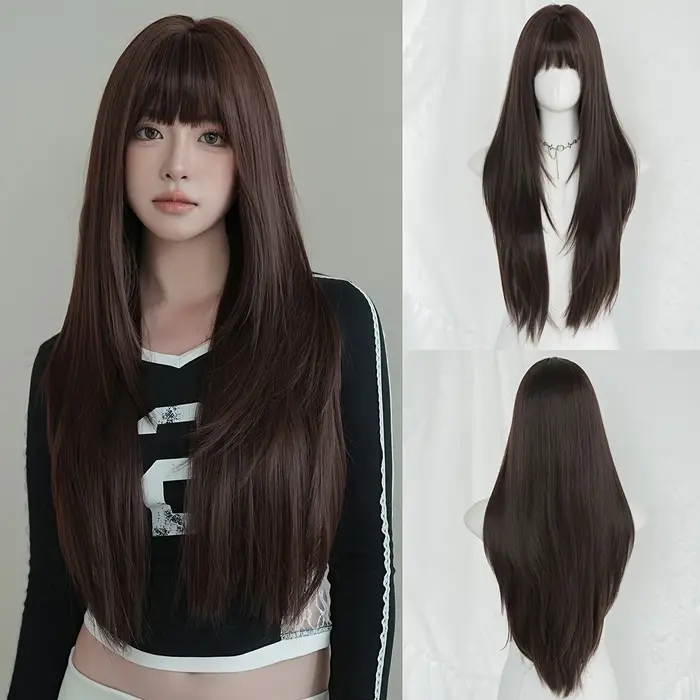 Perruque de rotine longue et lisse brune avec frange